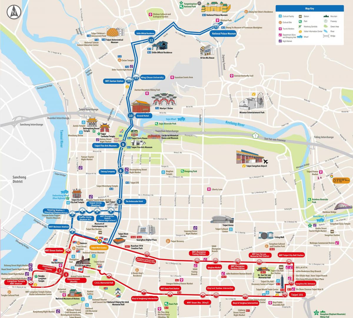 Plan du Hop On Hop Off bus tours de Taipei
